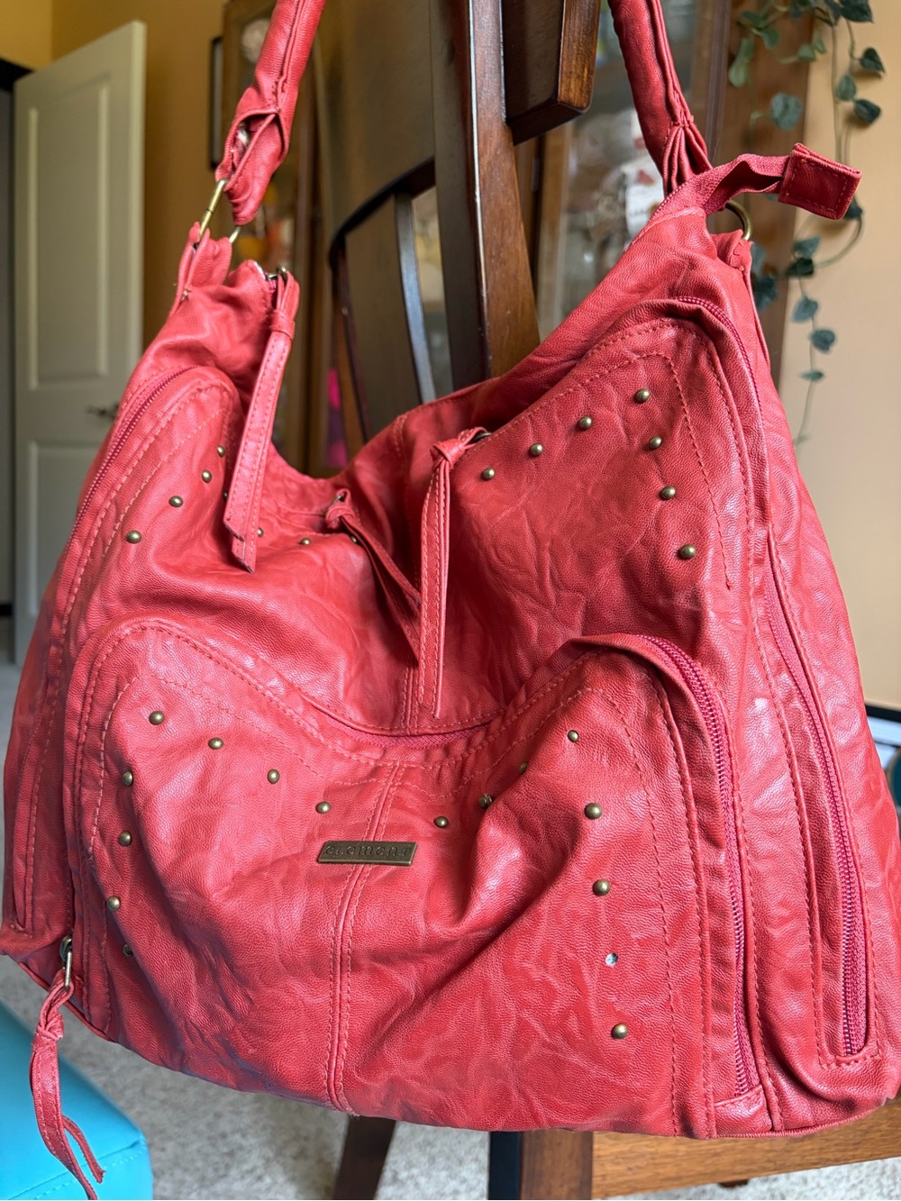 Element Red leather studded shoulder Hobo Bag
